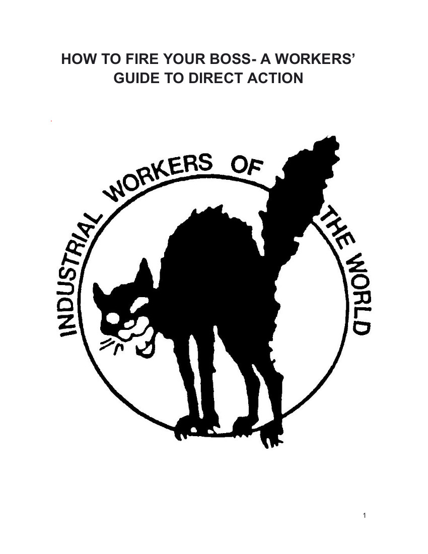 Cover of the PDF How to Fire Your Boss, shows a Sabotabby Cat in a circle with the words INDUSTRIAL WORKERS OF THE WORLD along the top of the circle